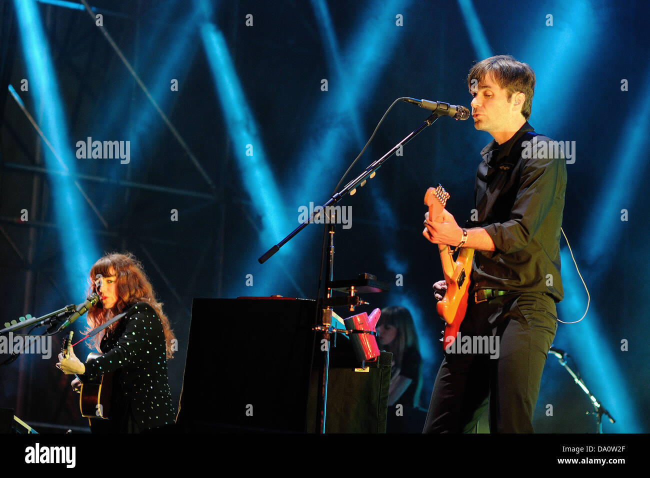 BARCELONA - MAY 23: The Postal Service, American electronic musical group, performs at Heineken Primavera Sound 2013 Festival. Stock Photo