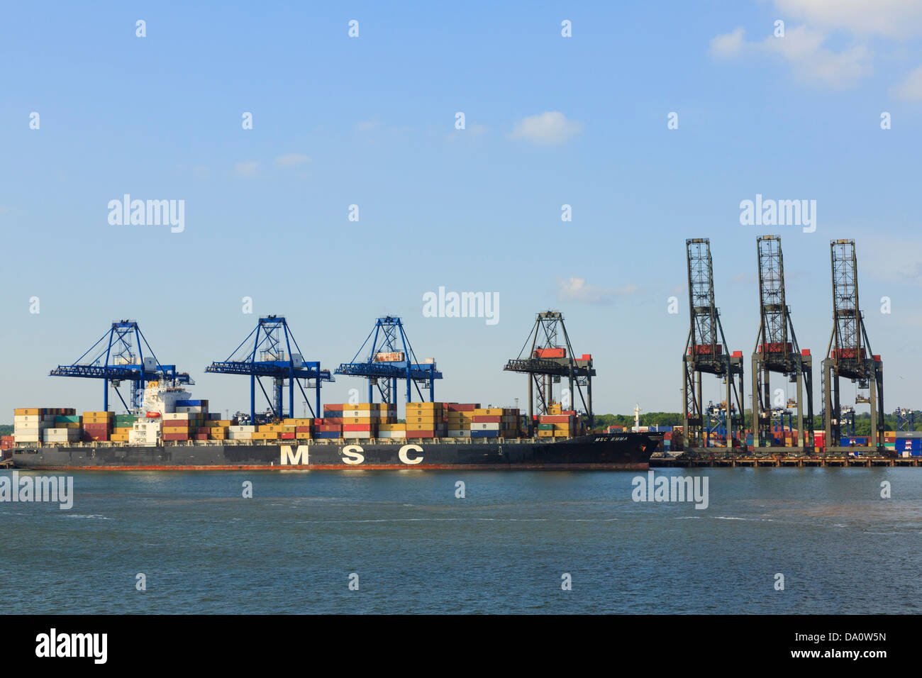 Gantry cranes lifting containers on to Mediterranean Shipping Company container ship docked in Trinity terminal. Felixstowe Port Stock Photo