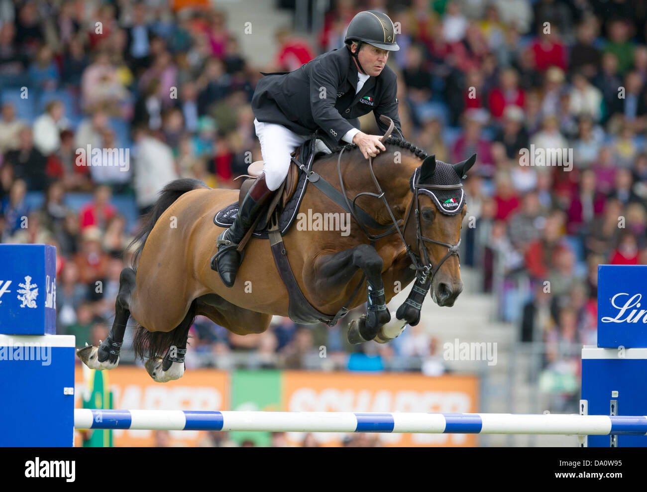 British show jumper Nick Skelton on his horse Big Star in action during the Showjumping Grand Prix at the International Horse Show CHIO in Aachen, Germany, 30 June 2013. Photo: UWE ANSPACH Stock Photo