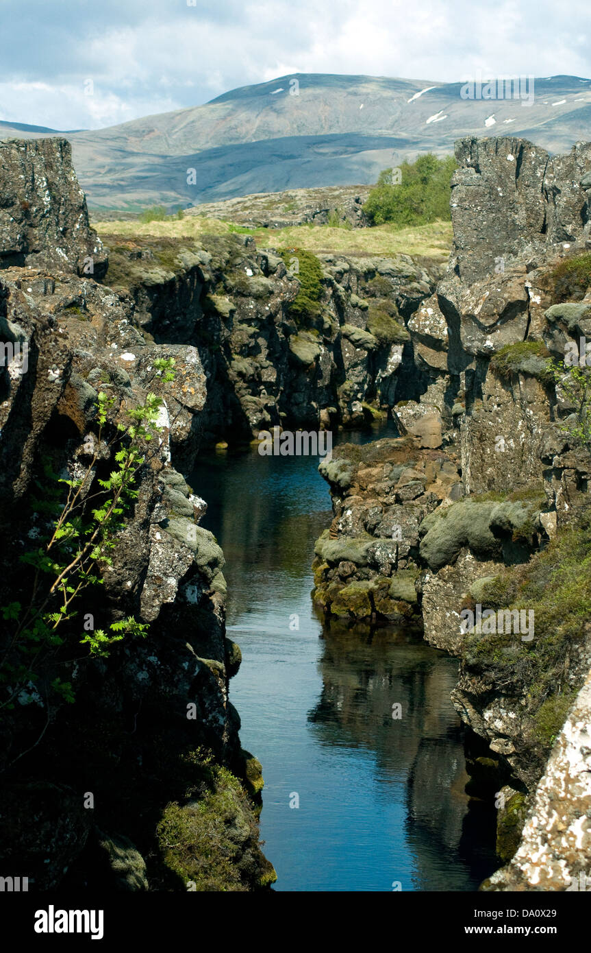 A fissure in the landscape of Iceland's Thingvellir National Park marks where American and Euroasian tectonic plates meet Stock Photo
