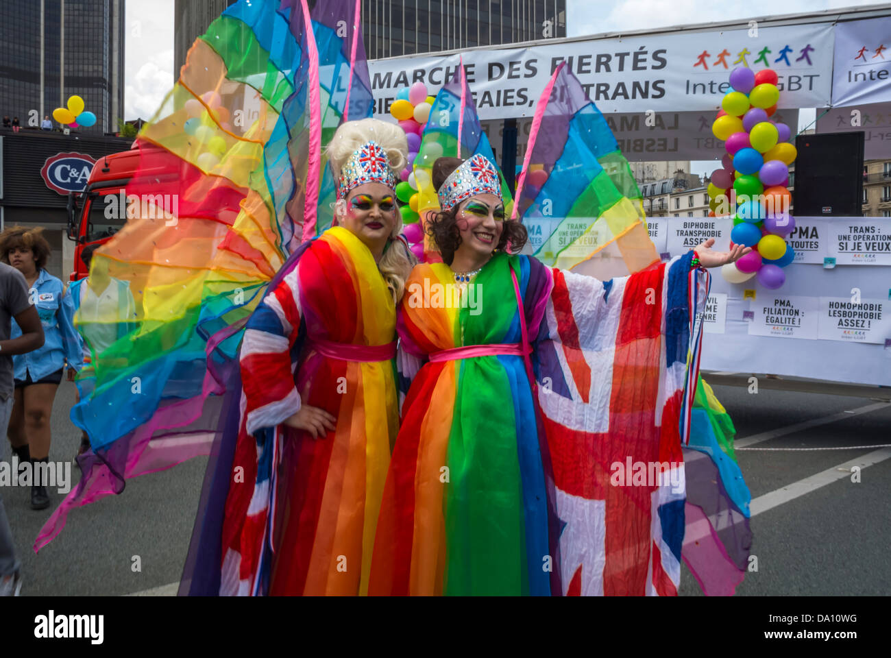 Paris, France, LGBT Transvestites Posing in Rainbow Flags, in Annual