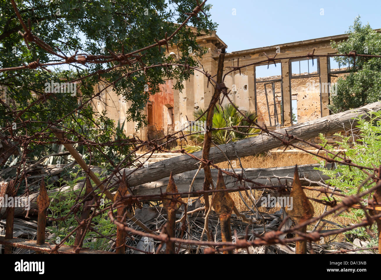 Ayios Kassianos School inside the Buffer Zone, Nicosia Cyprus. One of the first structures attacked when Turkish troops invaded. Stock Photo