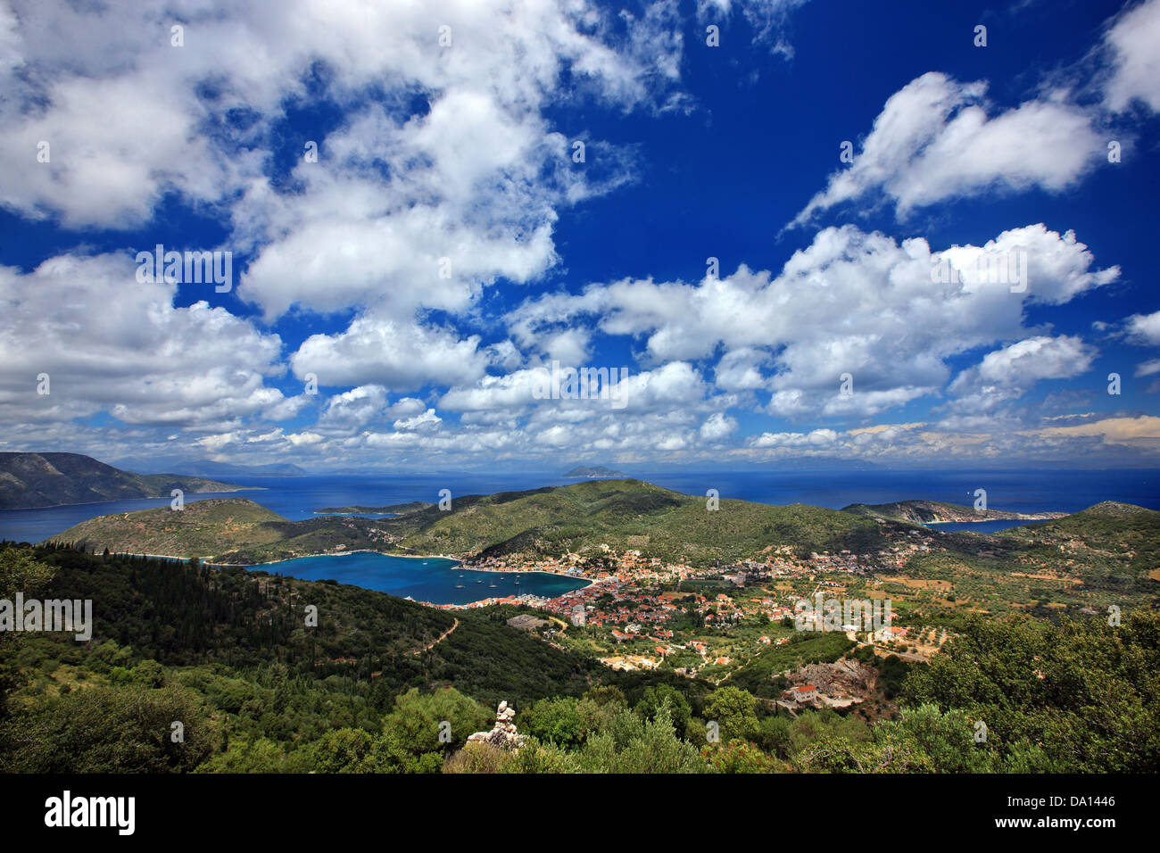 Panoramic view of Vathy (or 'Vathi'), the 'capital' of Ithaca ('Ithaki') island, Ionian Sea, Eptanisa ('Seven Islands'), Greece. Stock Photo