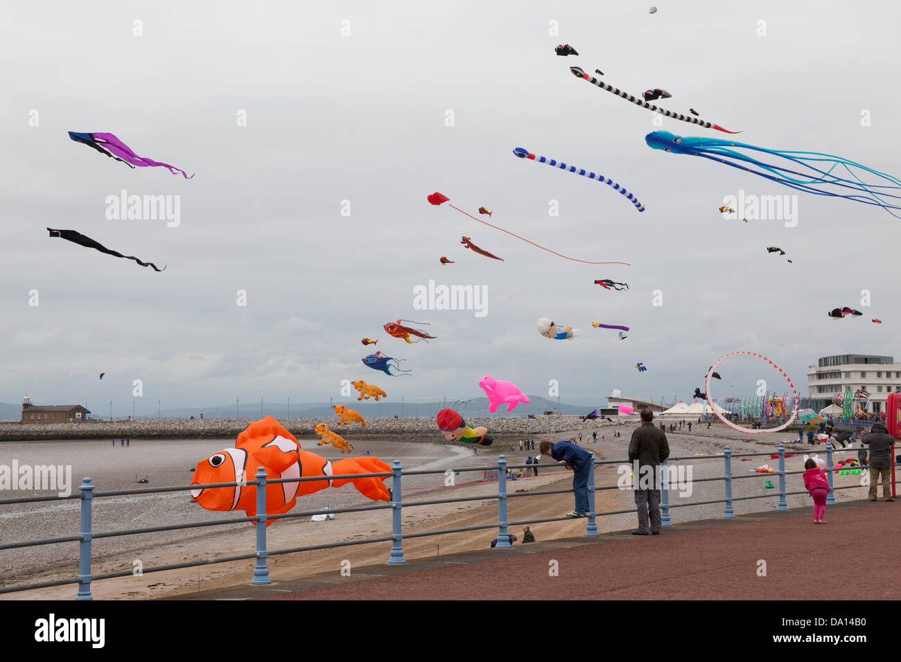 Morecambe, Lancashire, UK. 30th June 2013. Morecambe Bay Catch The Wind Kite Festival 2013 UK The skies filled with kites Credit:  Andrew Ward/Alamy Live News Stock Photo
