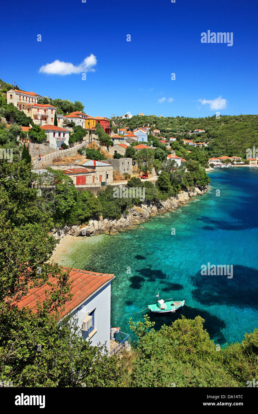 Kioni village, the most beautiful village of Ithaca (Ithaki) island, Ionian Sea, Eptanisa ("Seven Islands"), Greece. Stock Photo