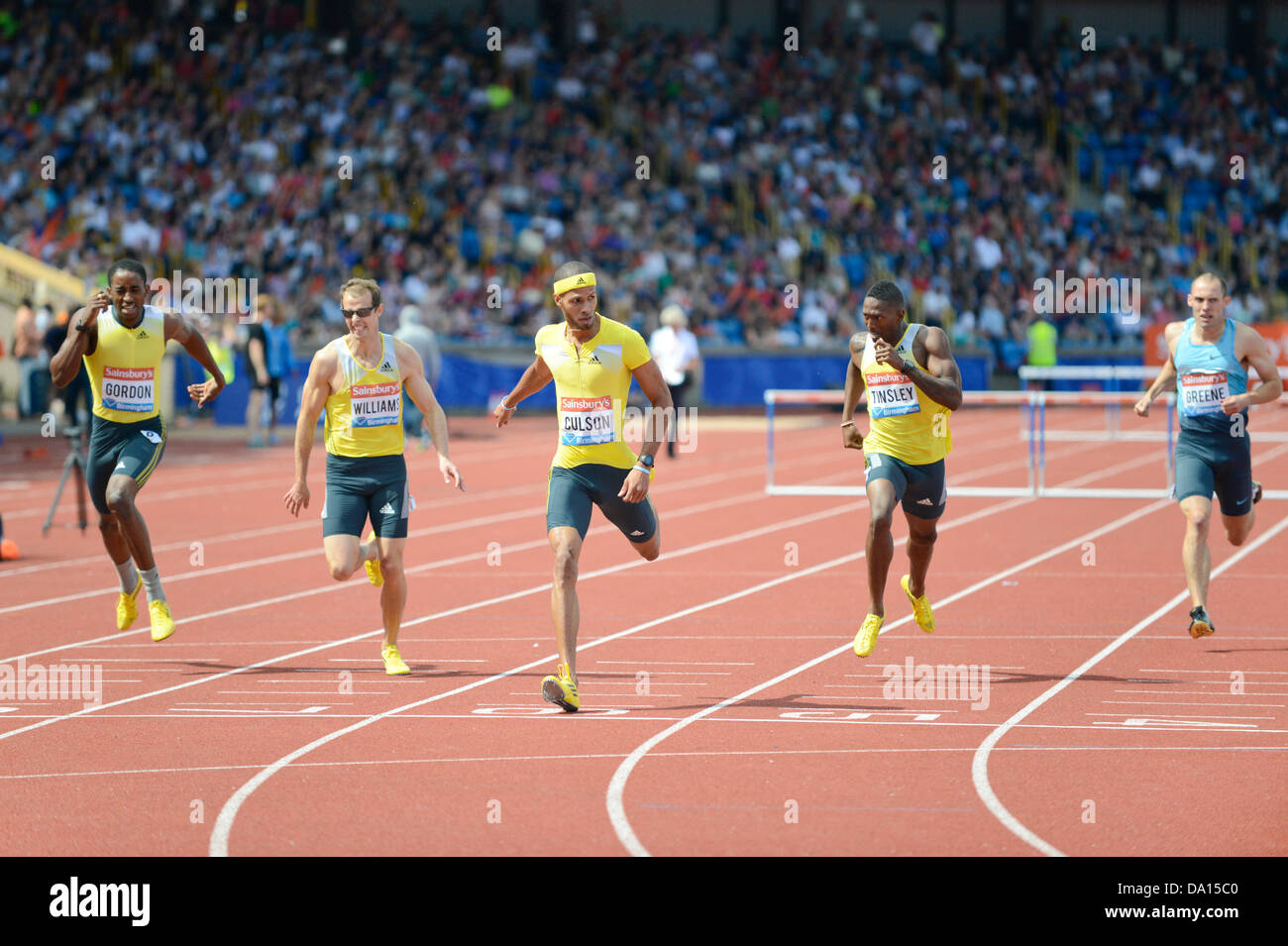 Birmingham, UK. 30th June 2013. Javier Culson of Puerto Rico finishes 1st in the men's 400m hurdles at the 2013 Sainsbury's Birmingham Grand Prix IAAF Diamond League meeting. The current Olympic bronze medallist's time of 48.59 seconds was enough to beat Rhys Williams of Great Britain and Michael Tinsley of the USA. Credit:  Russell Hart/Alamy Live News. Stock Photo