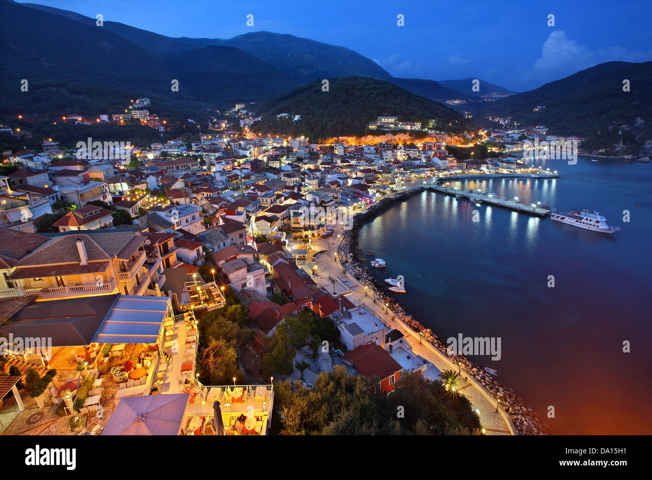 Panoramic night view of Parga town from the Venetian castle of the town, Epirus, Greece. Stock Photo