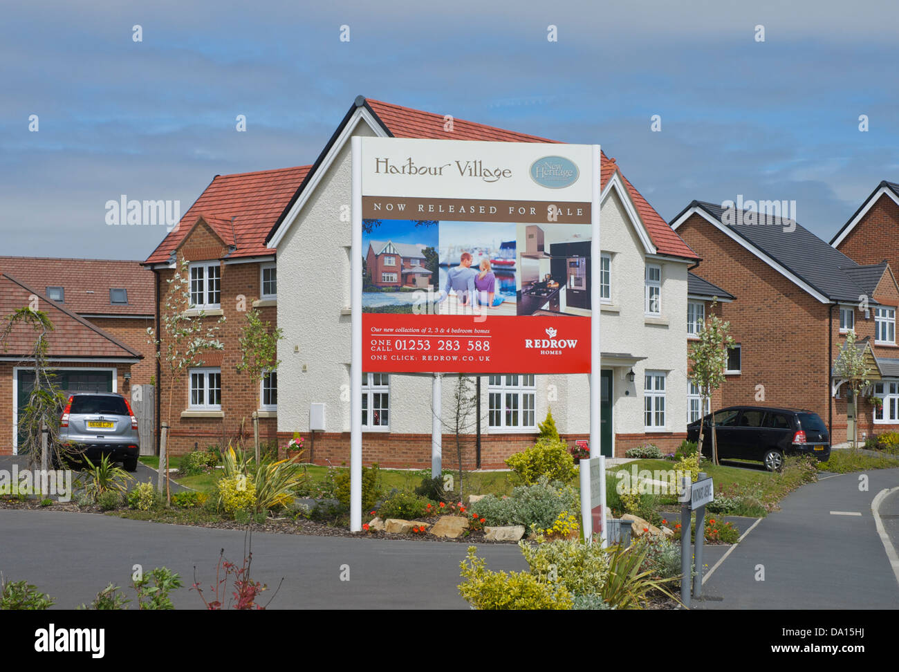 Sign at Fleetwood Harbour Village, a new housing development, Fleetwood, Lancashire UK Stock Photo