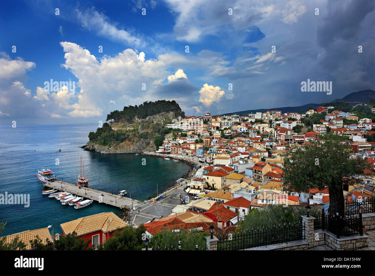 Picturesque Parga town, with its Venetian castle on top, famous travel destination, Epirus, Greece. Stock Photo