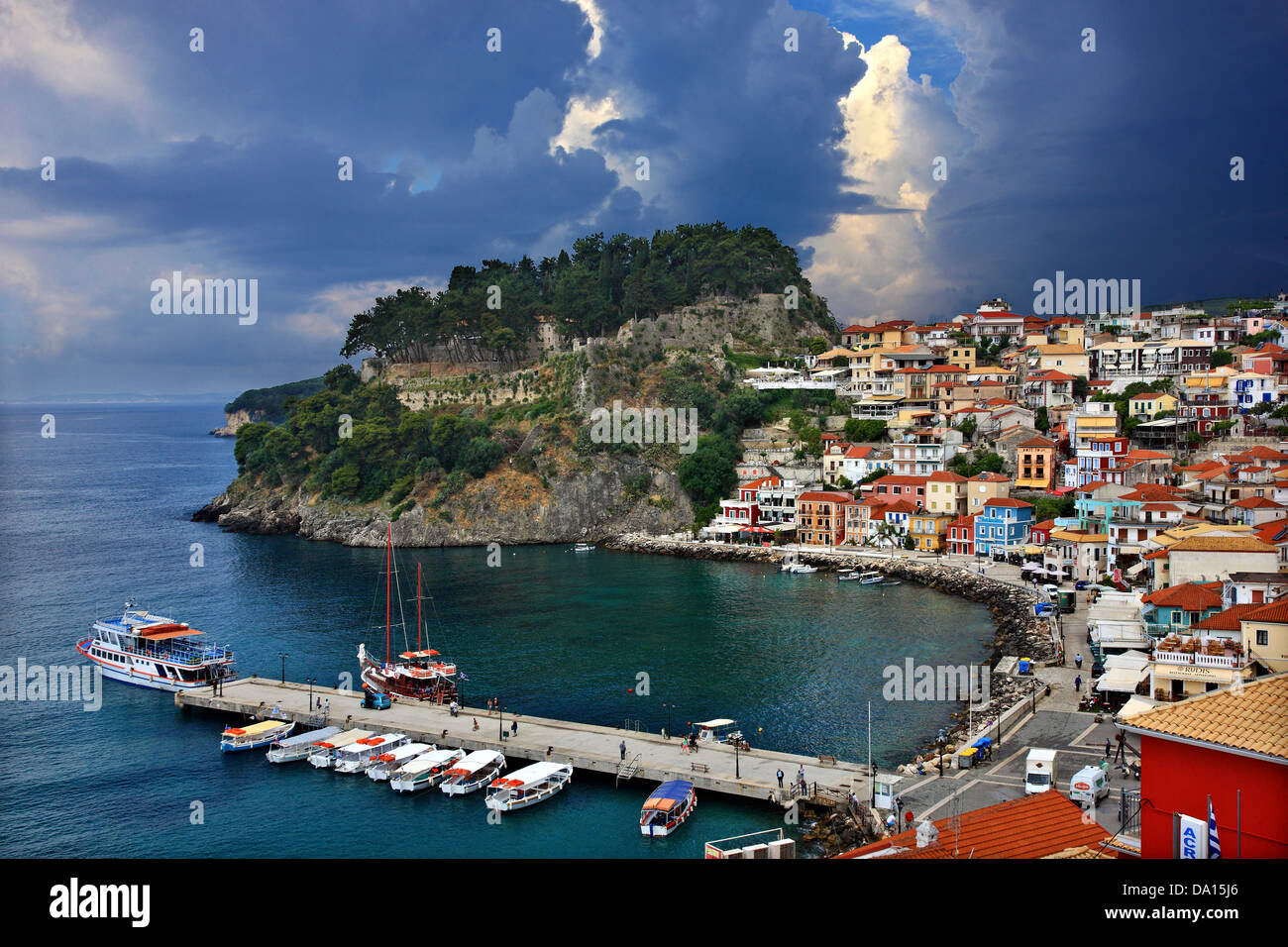 Picturesque Parga town, with its Venetian castle on top, famous travel destination, Epirus, Greece. Stock Photo