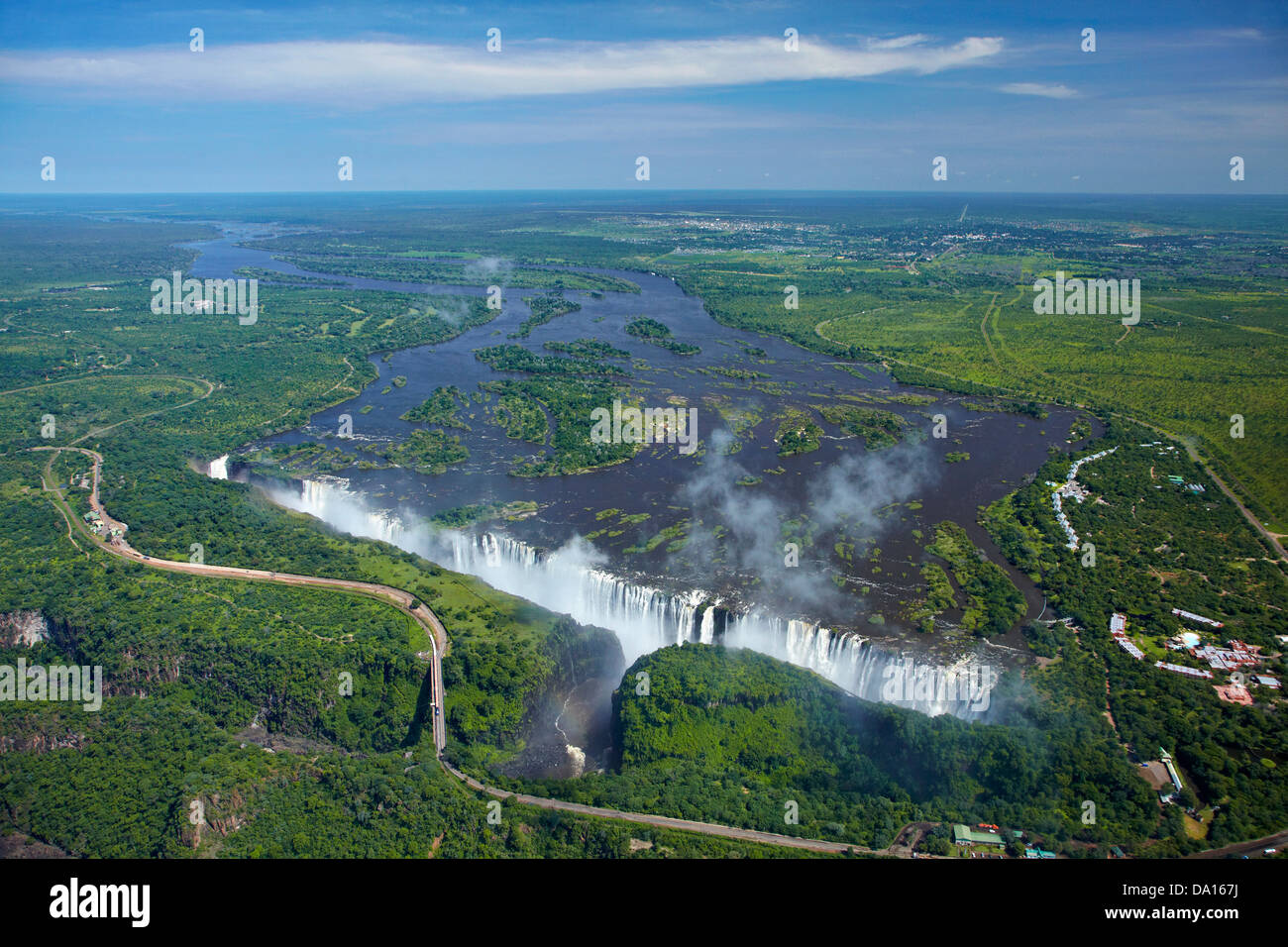 Victoria Falls or 'Mosi-oa-Tunya' (The Smoke that Thunders), and Zambezi River, Zimbabwe / Zambia border, Southern Africa Stock Photo