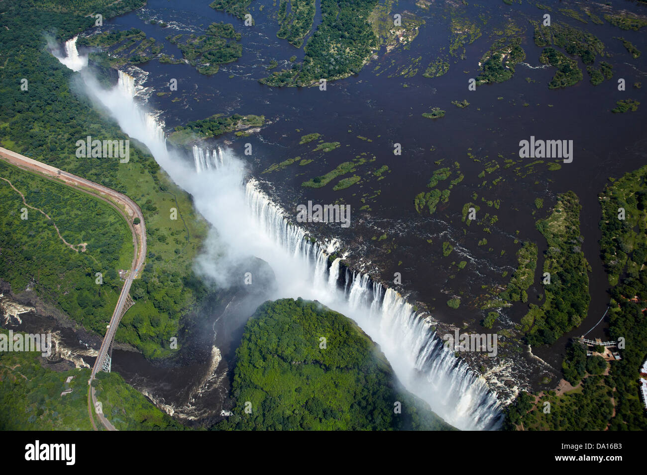 Victoria Falls or 'Mosi-oa-Tunya' (The Smoke that Thunders), and Zambezi River, Zimbabwe / Zambia border, Southern Africa Stock Photo