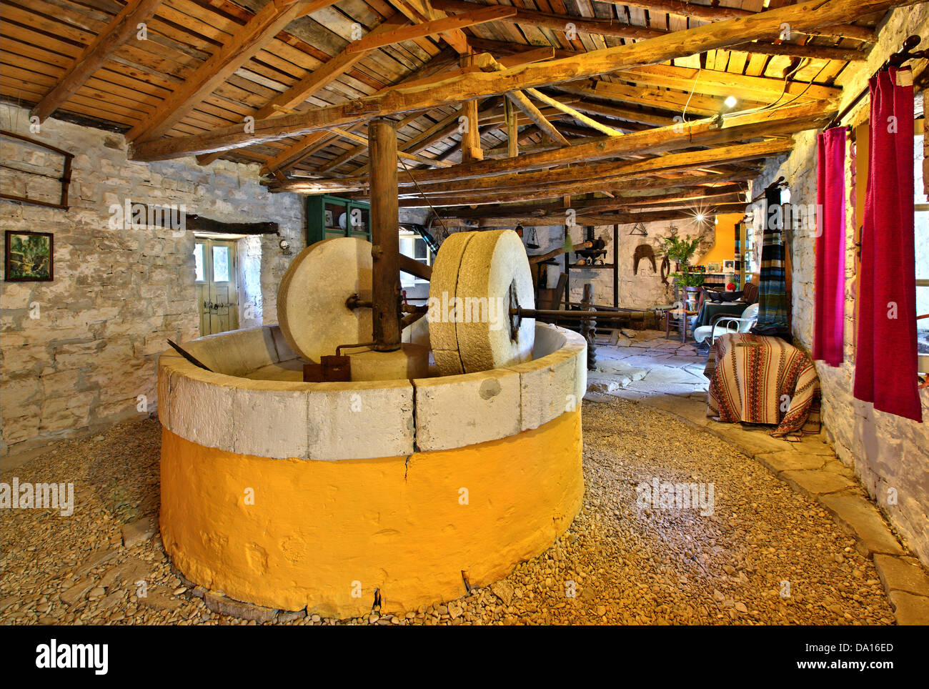 The old olive press-museum at Magazia village, Paxos (or 'Paxi') island, Ionian Sea, Eptanisa ('Seven Islands'), Greece. Stock Photo
