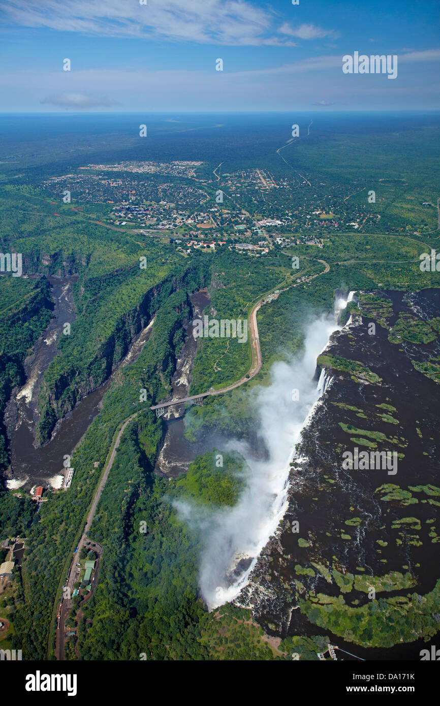 Victoria Falls or 'Mosi-oa-Tunya' (The Smoke that Thunders), Zambezi River, Victoria Falls Bridge, and Batoka Gorge Stock Photo