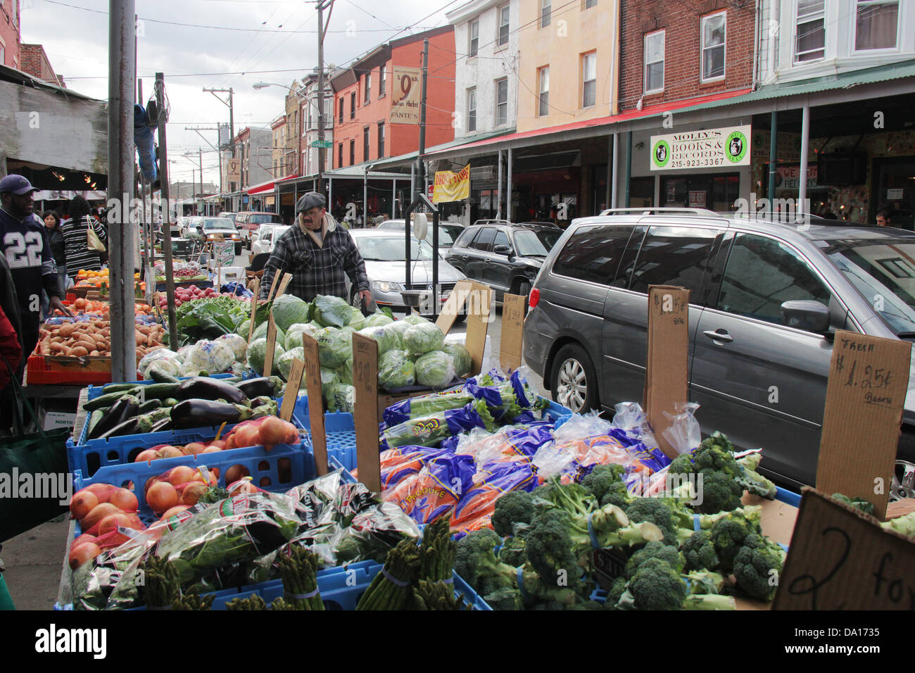 Philadelphia 9th Street Italian Market view of a vegetables seller stand. Stock Photo