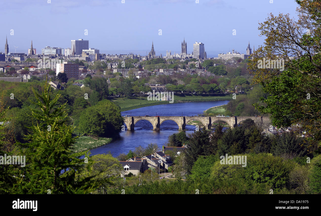 View of Aberdeen city centre Scotland, UK, showing the River Dee, bridge of Dee and the city beyond Stock Photo