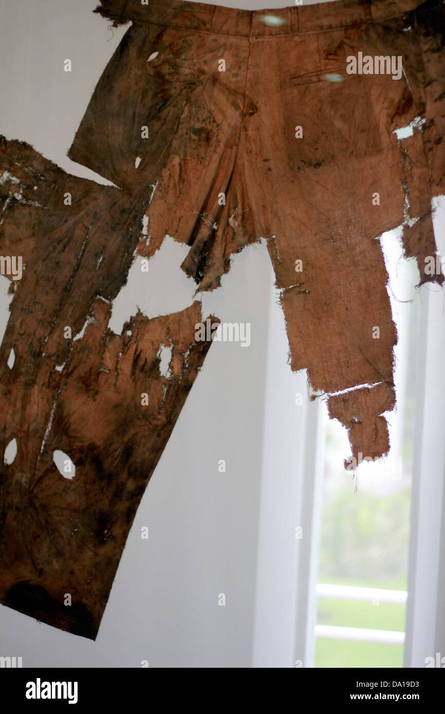 Rajiv Gandhi was assasinated on May 21, 1991, at Sriperumbudur in India. tattered remains of his trousers on display. Stock Photo