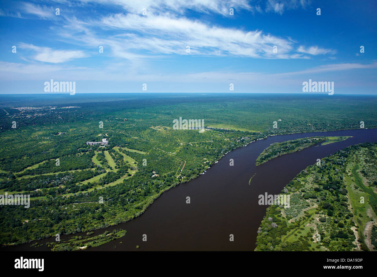 Golf Course, Elephant Hills Resort, and Zambezi River, just above Victoria Falls, Zimbabwe, and Zambia, Southern Africa Stock Photo