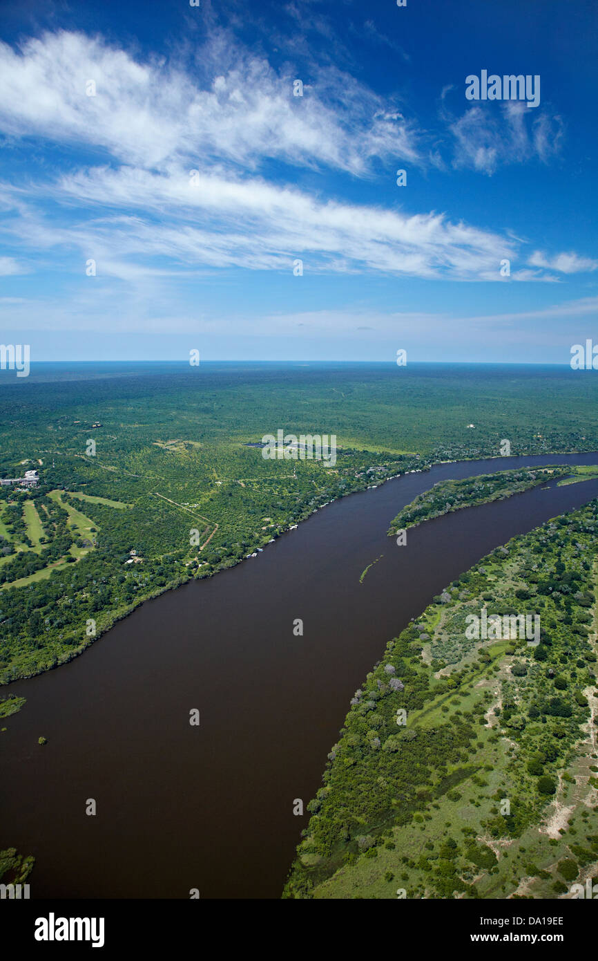 Golf Course, Elephant Hills Resort, and Zambezi River, just above Victoria Falls, Zimbabwe, and Zambia, Southern Africa - aerial Stock Photo