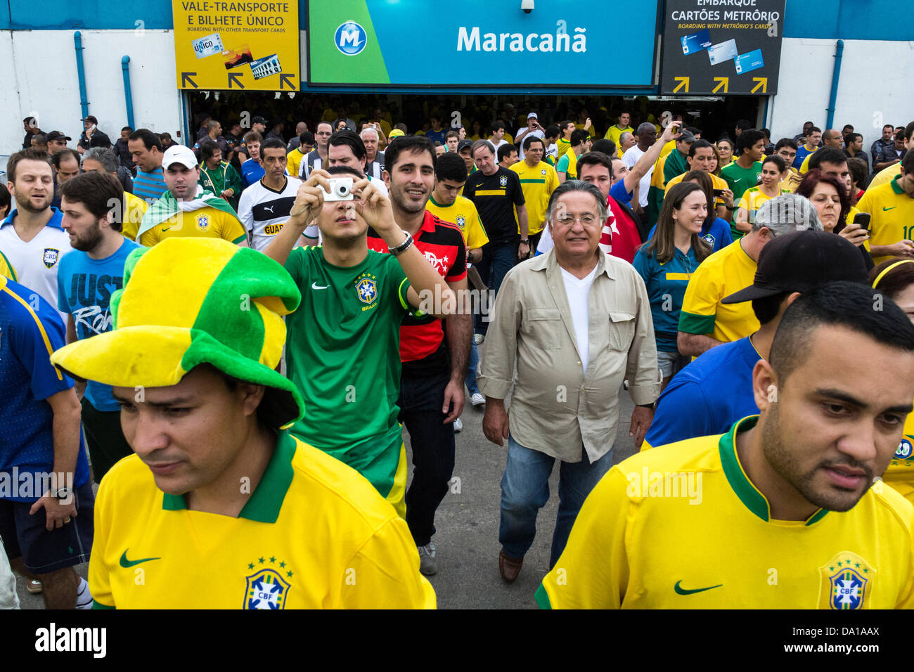 Maracana metro station. Fans of the game Brazil and Spain in the final of the FIFA Confederations Cup 2013 Stock Photo