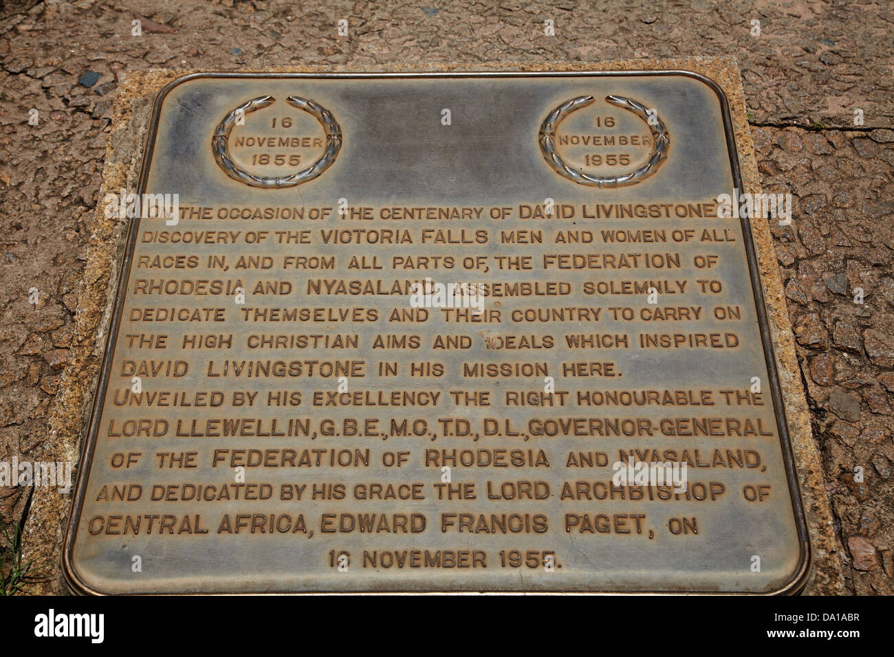 Plaque commemorating David Livingstone's discovery, Victoria Falls, Zimbabwe, Southern Africa Stock Photo
