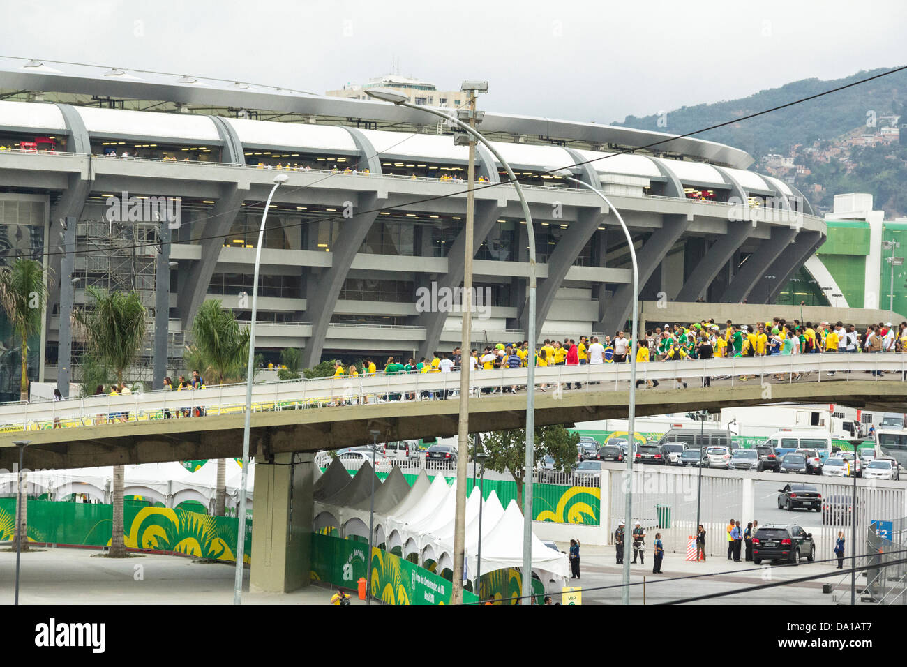 Fans outside the stadium Maracana. Game of Brazil and Spain in the final of the Confederations Cup FIFA 2013 in Rio de Janeiro Stock Photo