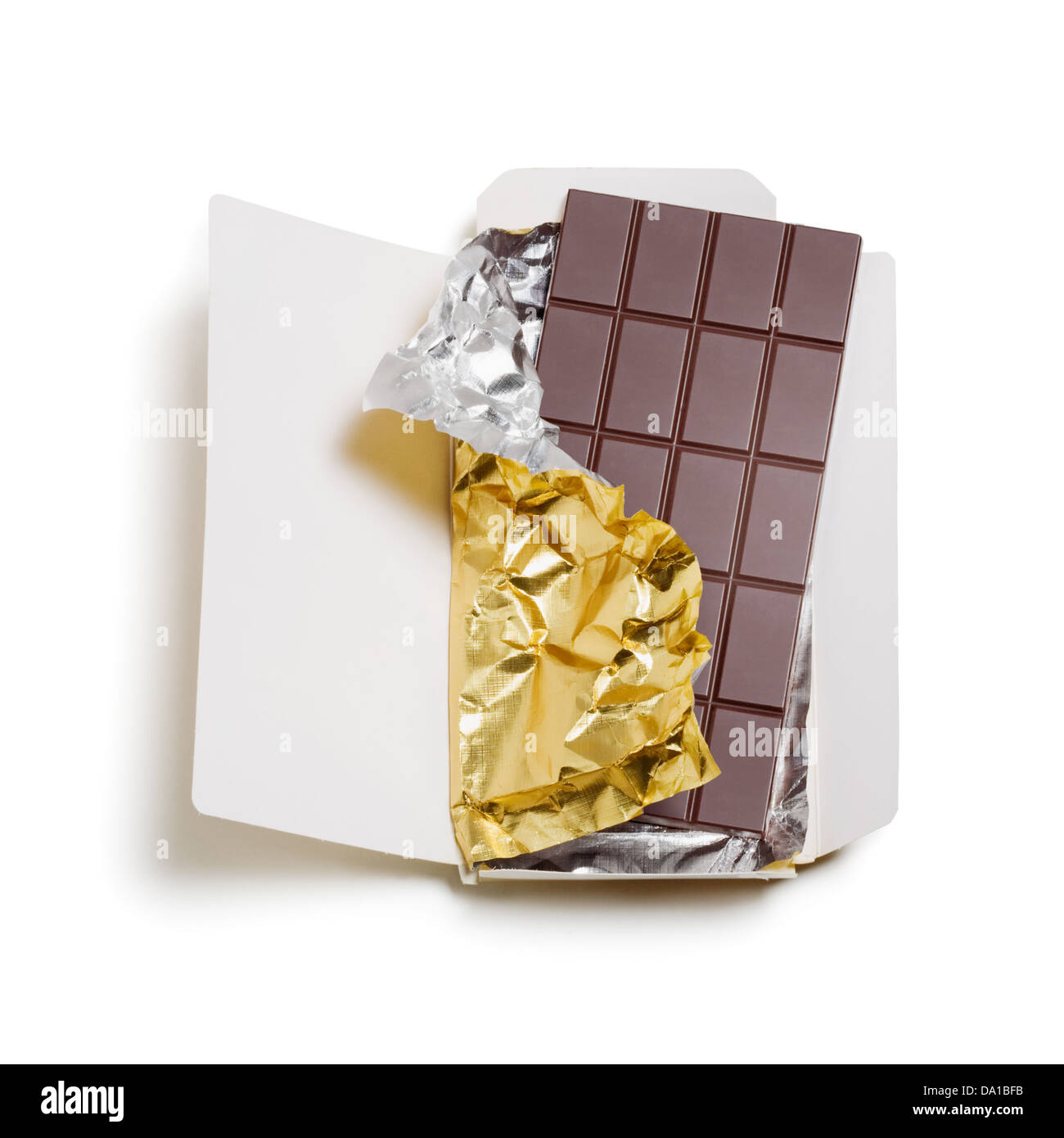 Chocolate bar wrapped in foil with open cardboard on white background