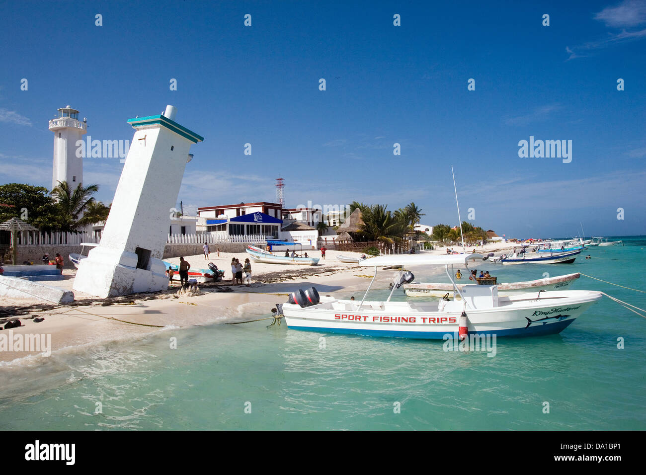 Old lighthouse beach scene Puerto Morelos, Quintana de Roo, Mexico Stock Photo