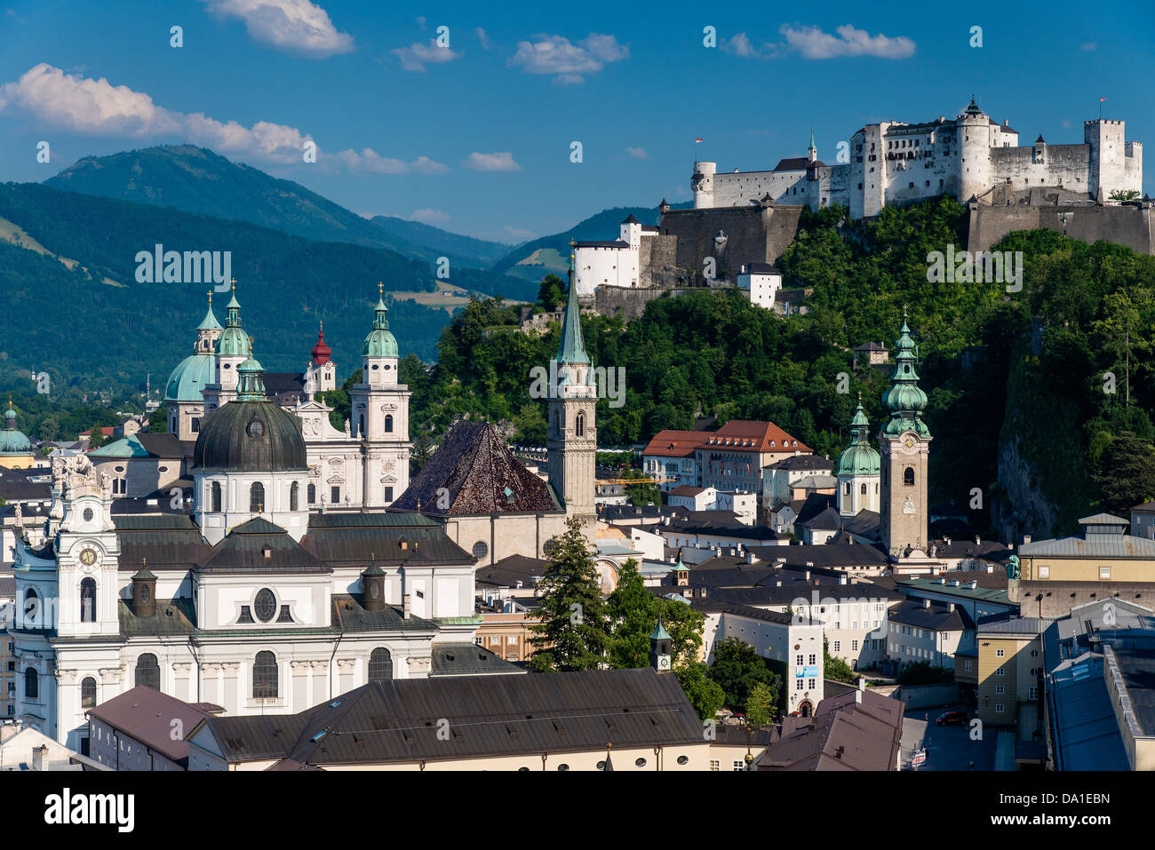 Panoramic view over domes and belfries in the old town, Salzburg, Austria Stock Photo