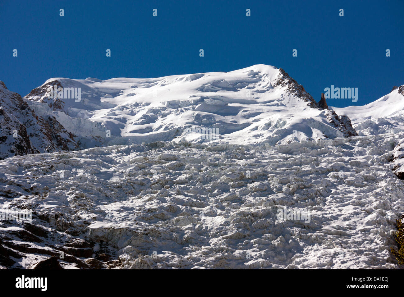 Bossons Glacier and ice-fall seracs, crevasses seen from Chamonix Mont Blanc, French Alps Stock Photo