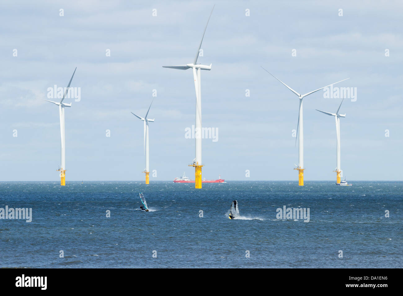 Windsurfers near teesside offshore windfarm hires stock photography