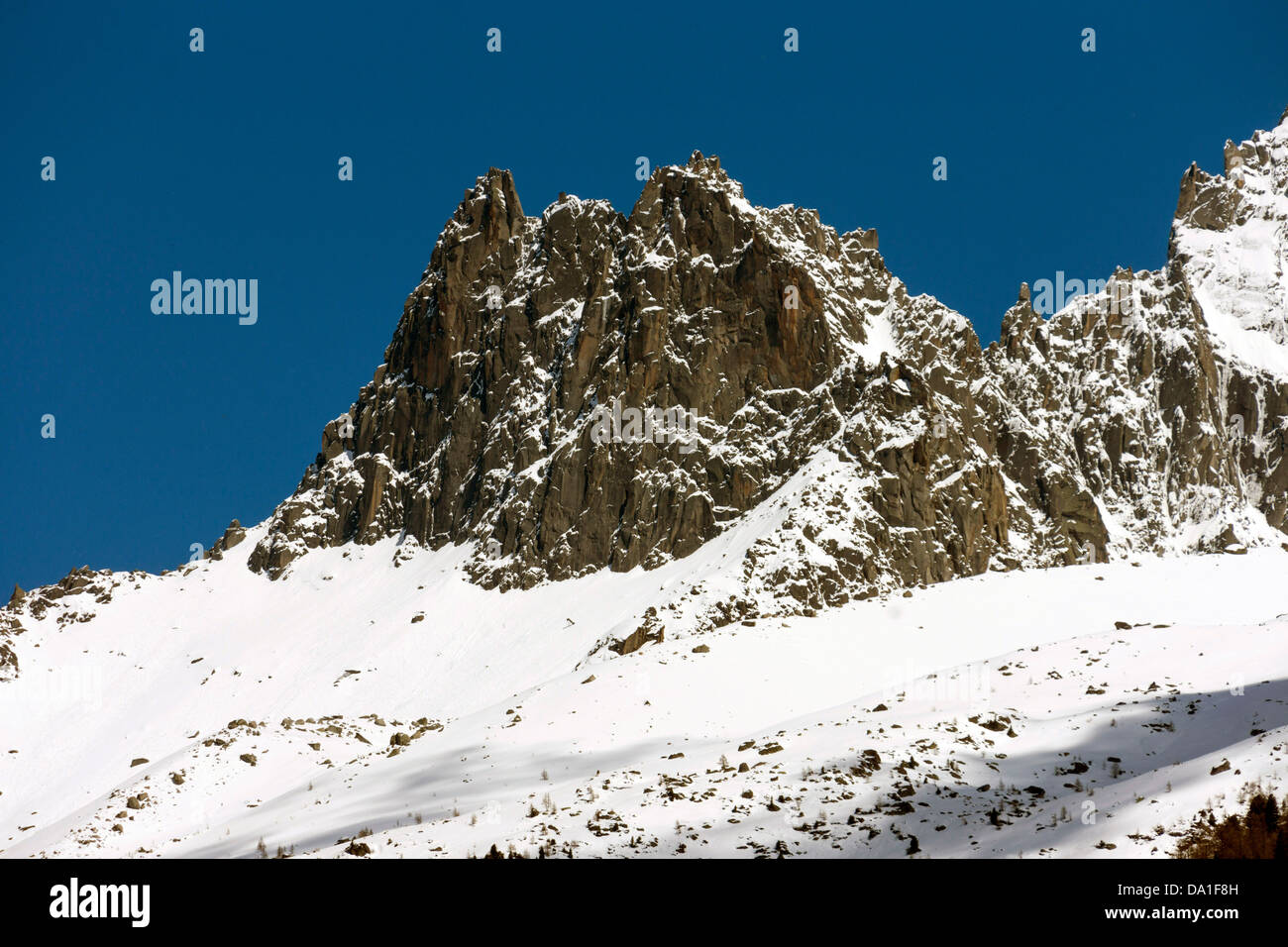 Aiguille de l'M seen from Chamonix Mont Blanc Stock Photo