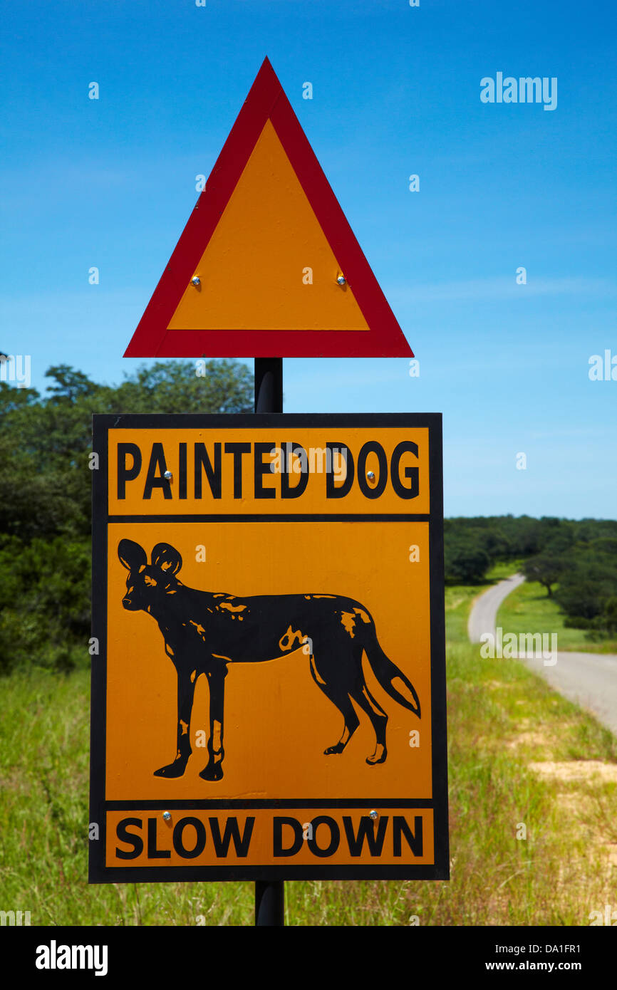 Painted Dog warning sign, near Hwange National Park, Zimbabwe, Southern