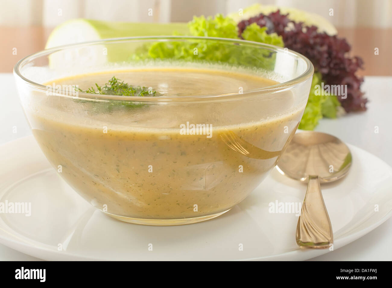 soup pureed vegetables in glass dish closeup Stock Photo