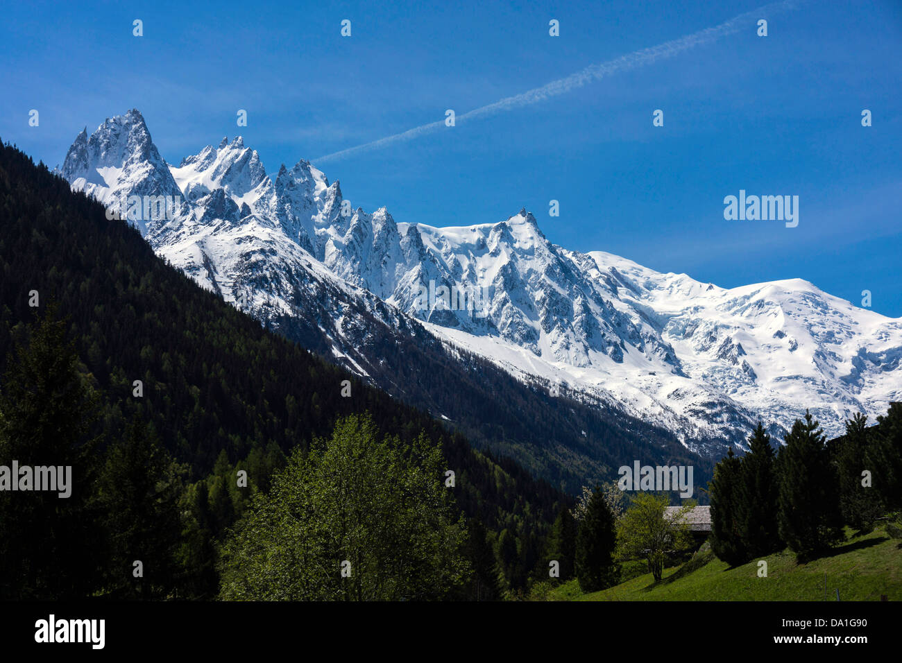 Chamonix Aiguilles and Mont Blanc panorama seen from Argentiere, Chamonix Mont Blanc Stock Photo