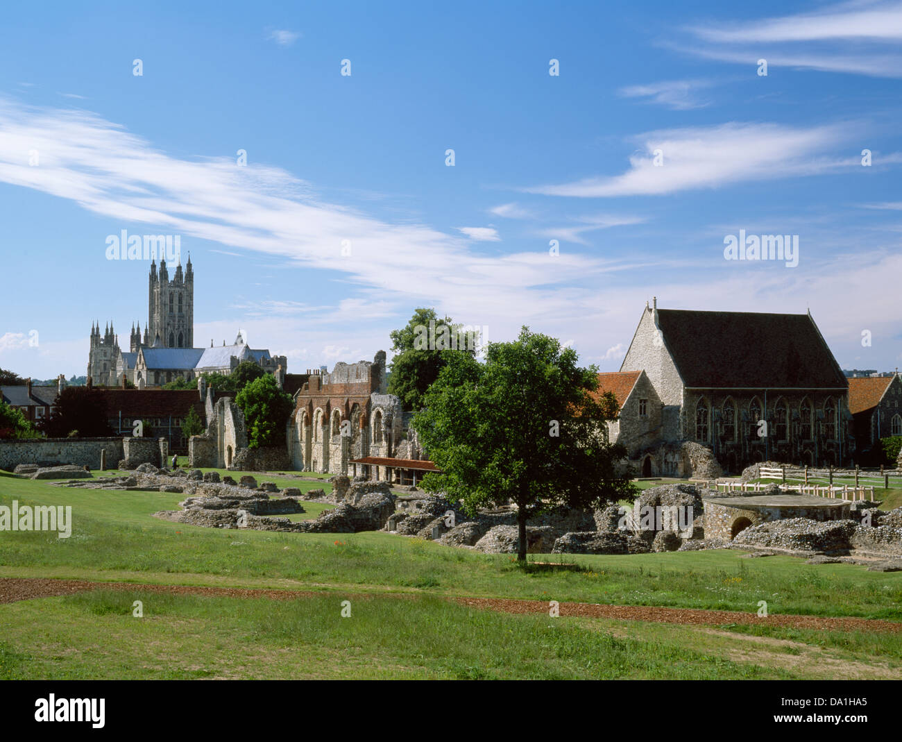 Canterbury, Kent: looking NW, St Augustine's Abbey, Canterbury Cathedral, Bell Harry Tower and Victorian buildings (R) used by the King's School. Stock Photo