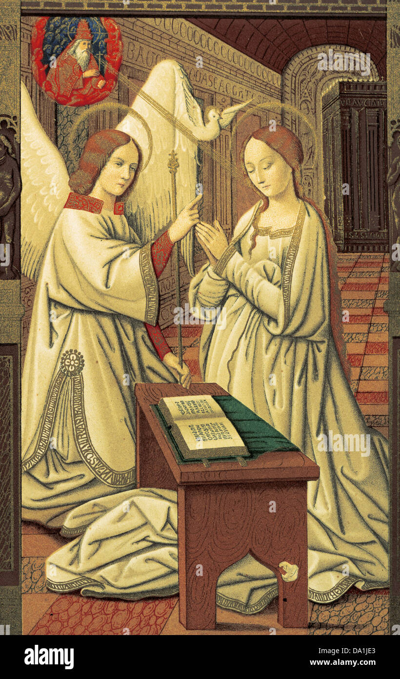 Book hours. Annunciation of Mary. Miniature. 15th century. Codex of Anne of Brittany (1475-1589). Facsimile. Stock Photo