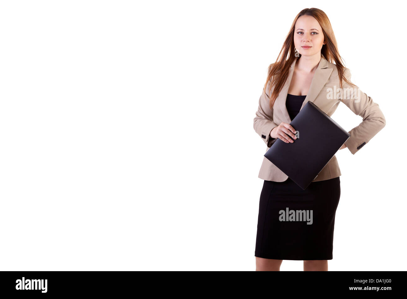 Gorgeous businesswoman with a folder in hands isolated on white ...