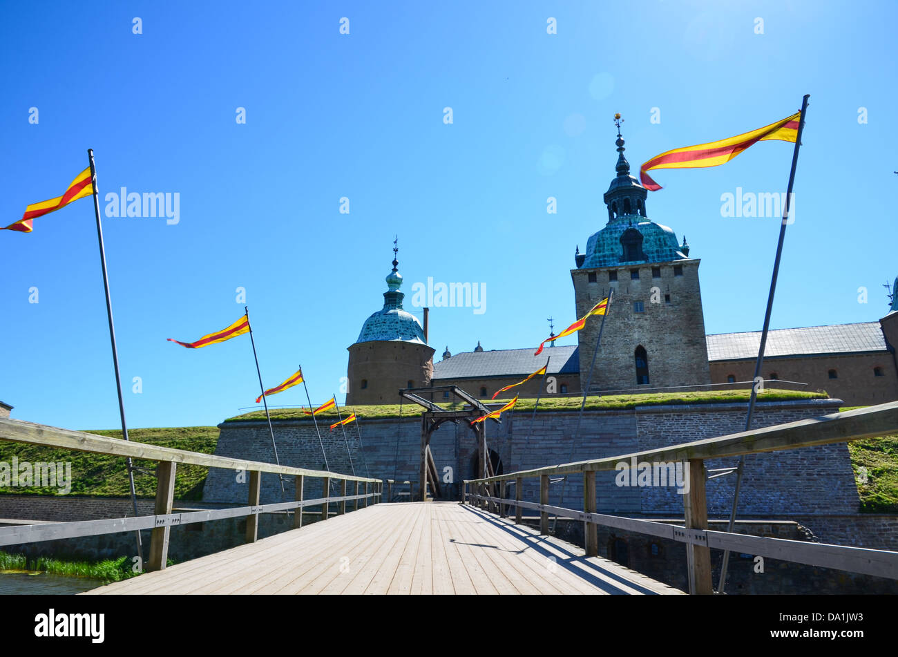 Entrance on the wooden bridge to Kalmar Castle located by the Baltic Sea in Sweden. Stock Photo