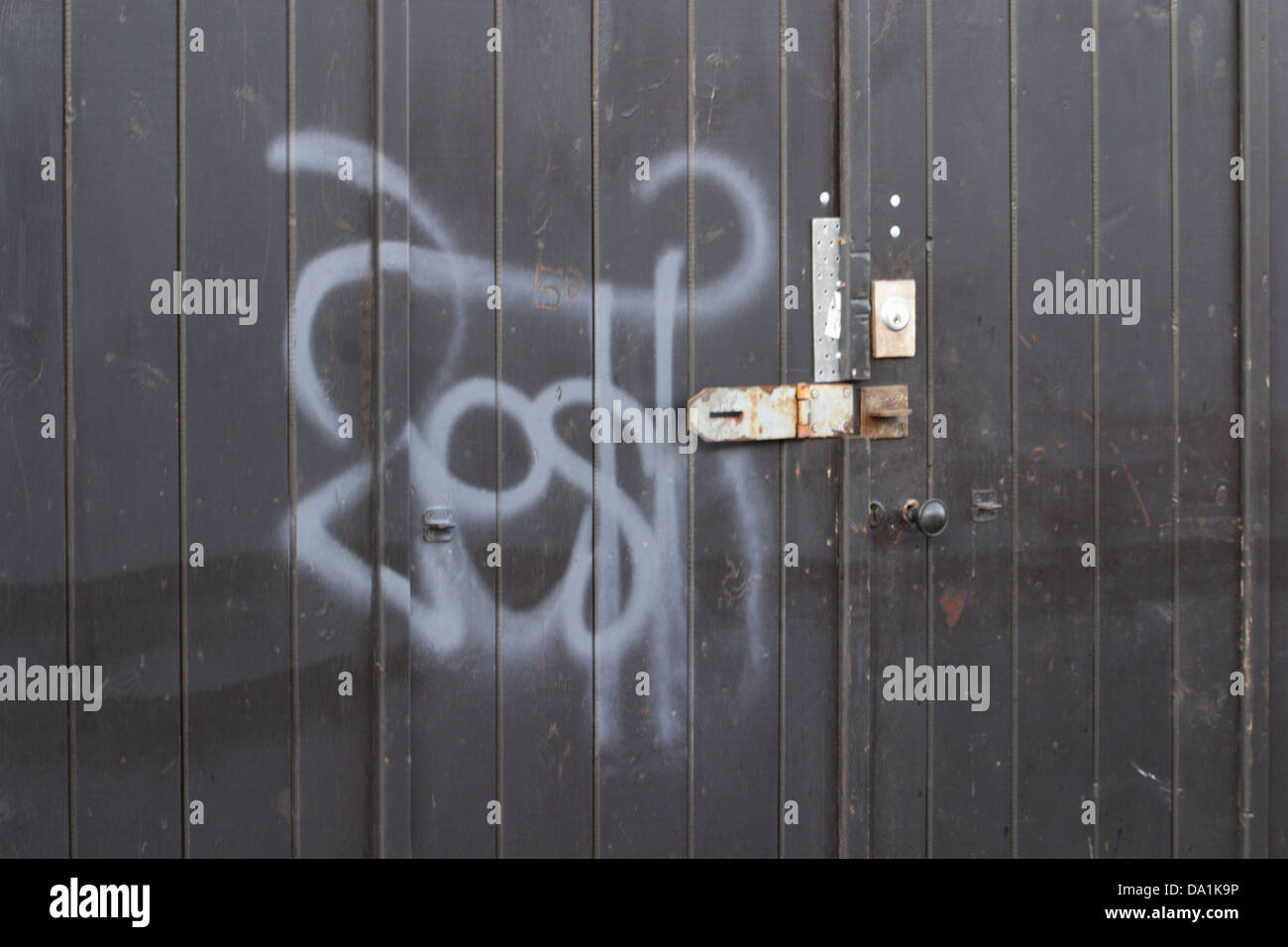 Wooden Back Gate with spray painted grafitti, aoso shows hasp and staple, door handle, lock. graffiti is white spray painted on. Stock Photo
