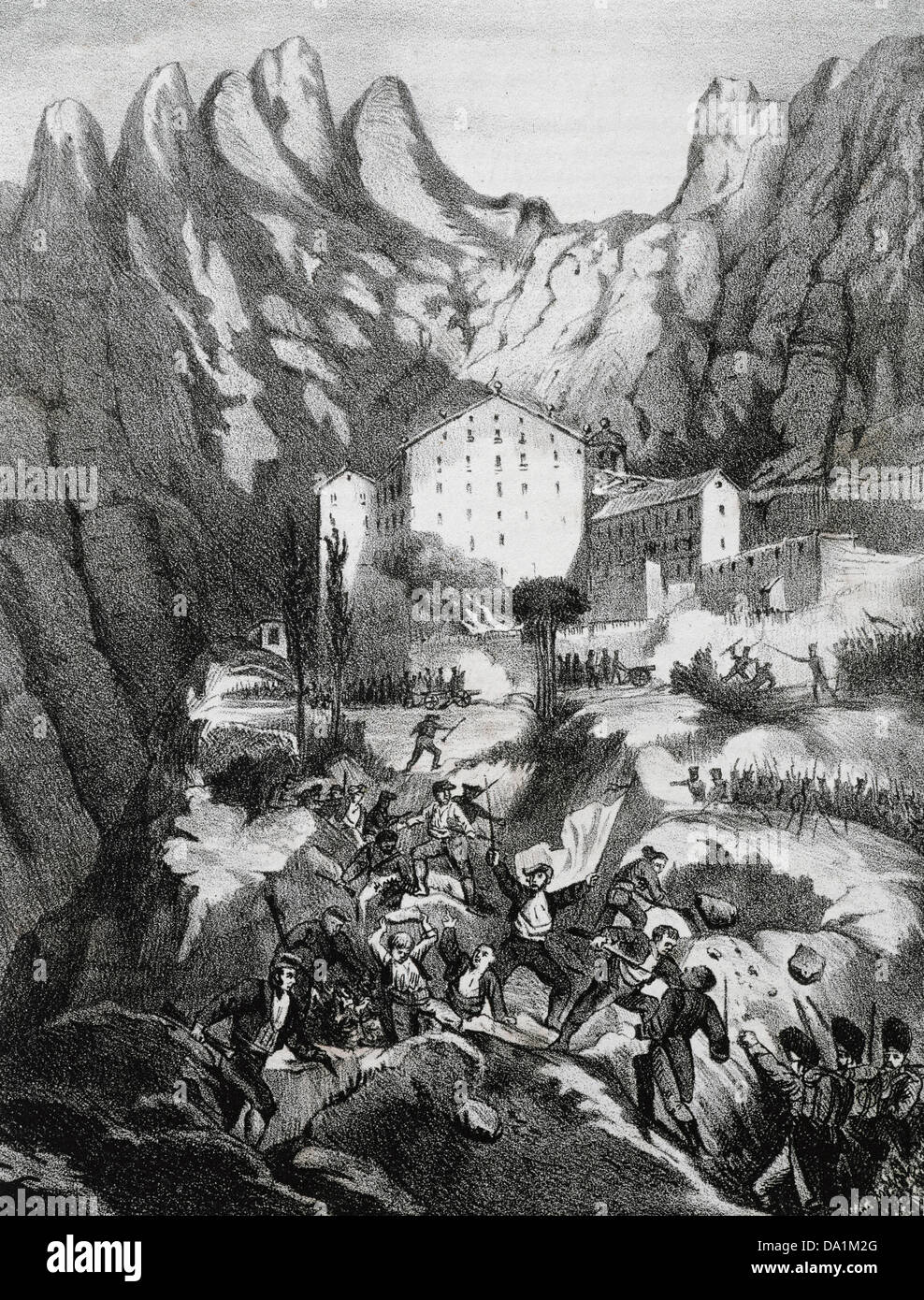 Peninsular War (1808-1814). Conquest and plunder of the monastery of Montserrat by French troops, 1811. Lithography, Stock Photo