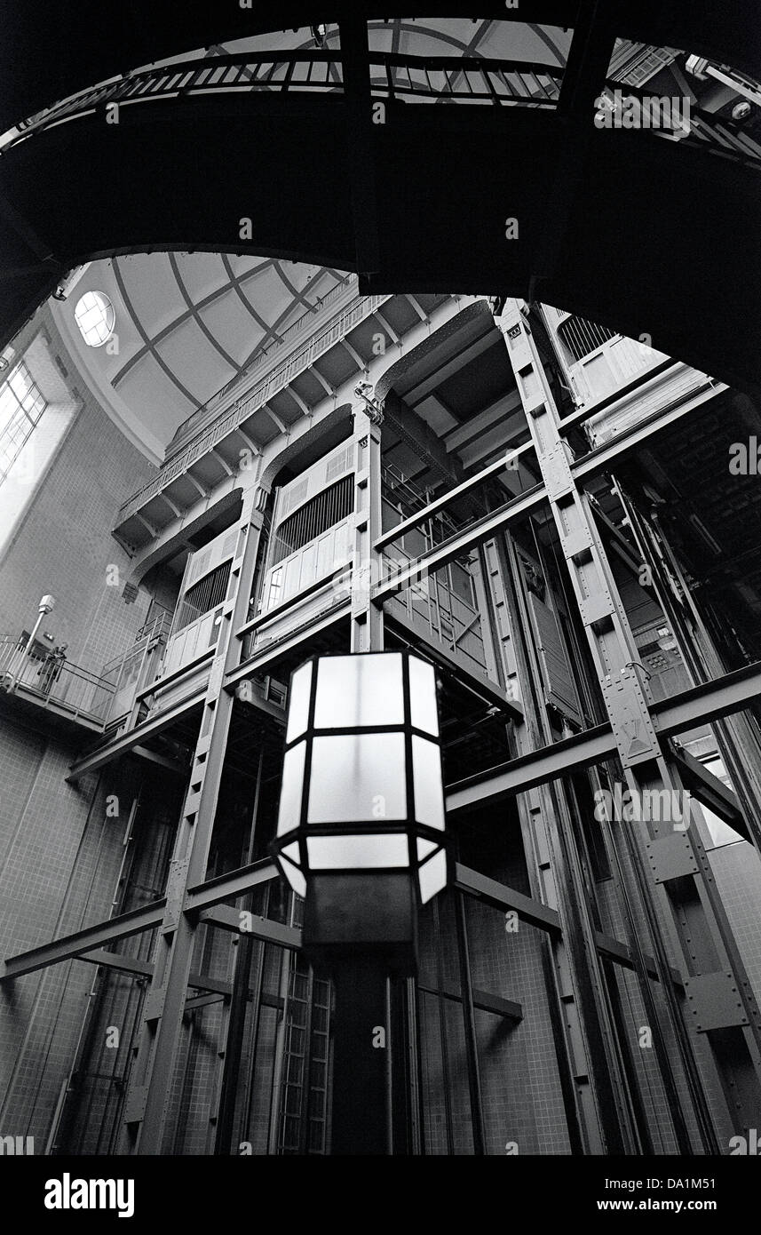 Wooden vehicle elevators of the old Sankt Pauli Elbtunnel (old Elbe tunnel) in Hamburg. Stock Photo