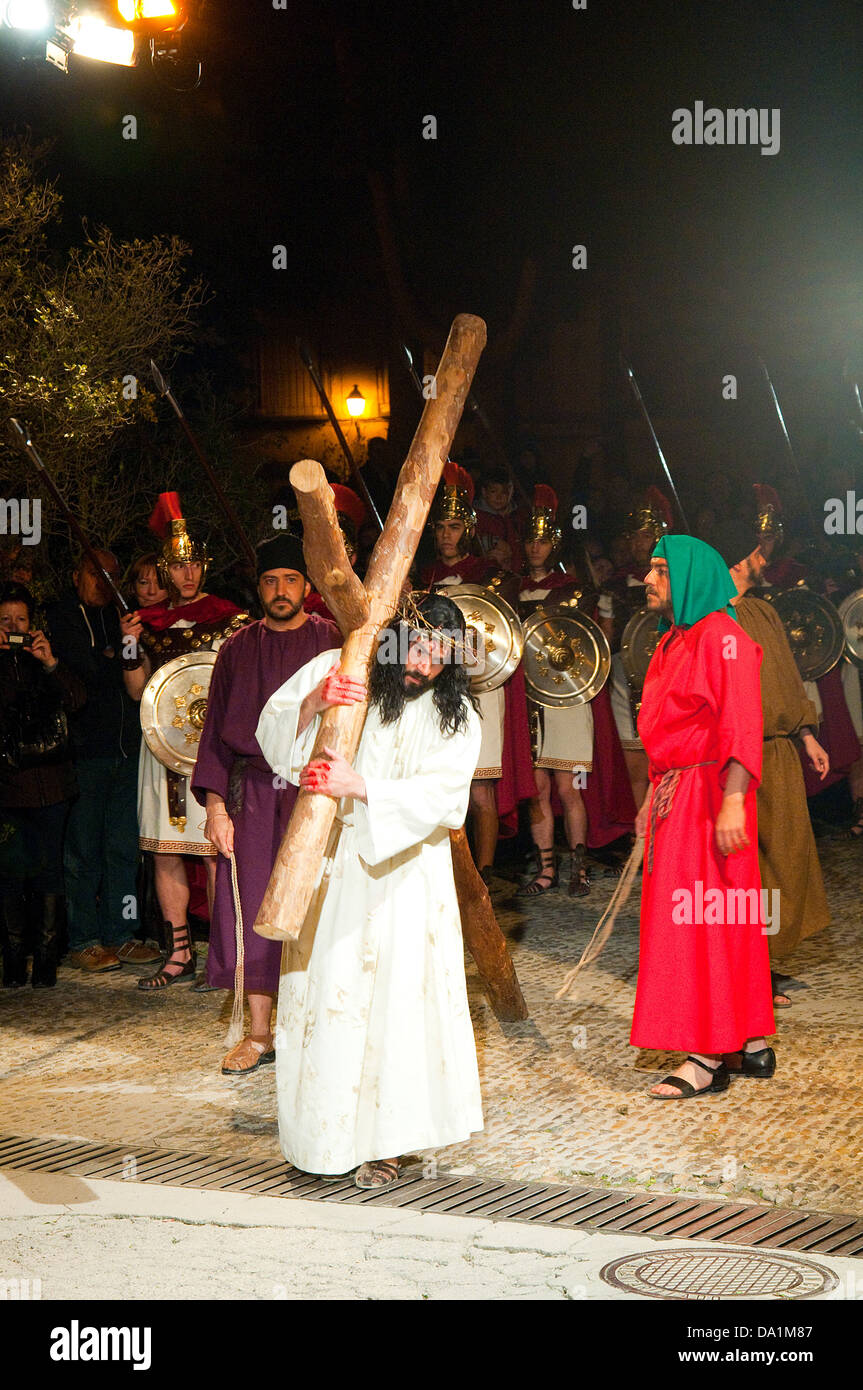 Jesus carrying the cross in His way to Calvary. Holy Week, Passion of Chinchon, Chinchon, Madrid province, Spain. Stock Photo