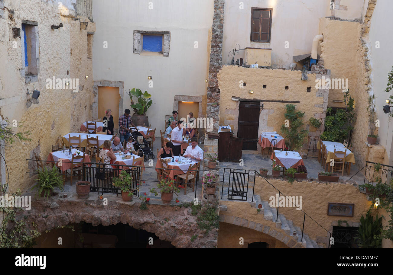 An old turkish house converted in an elegant restaurant in Chania; Western Crete, Greece. Stock Photo