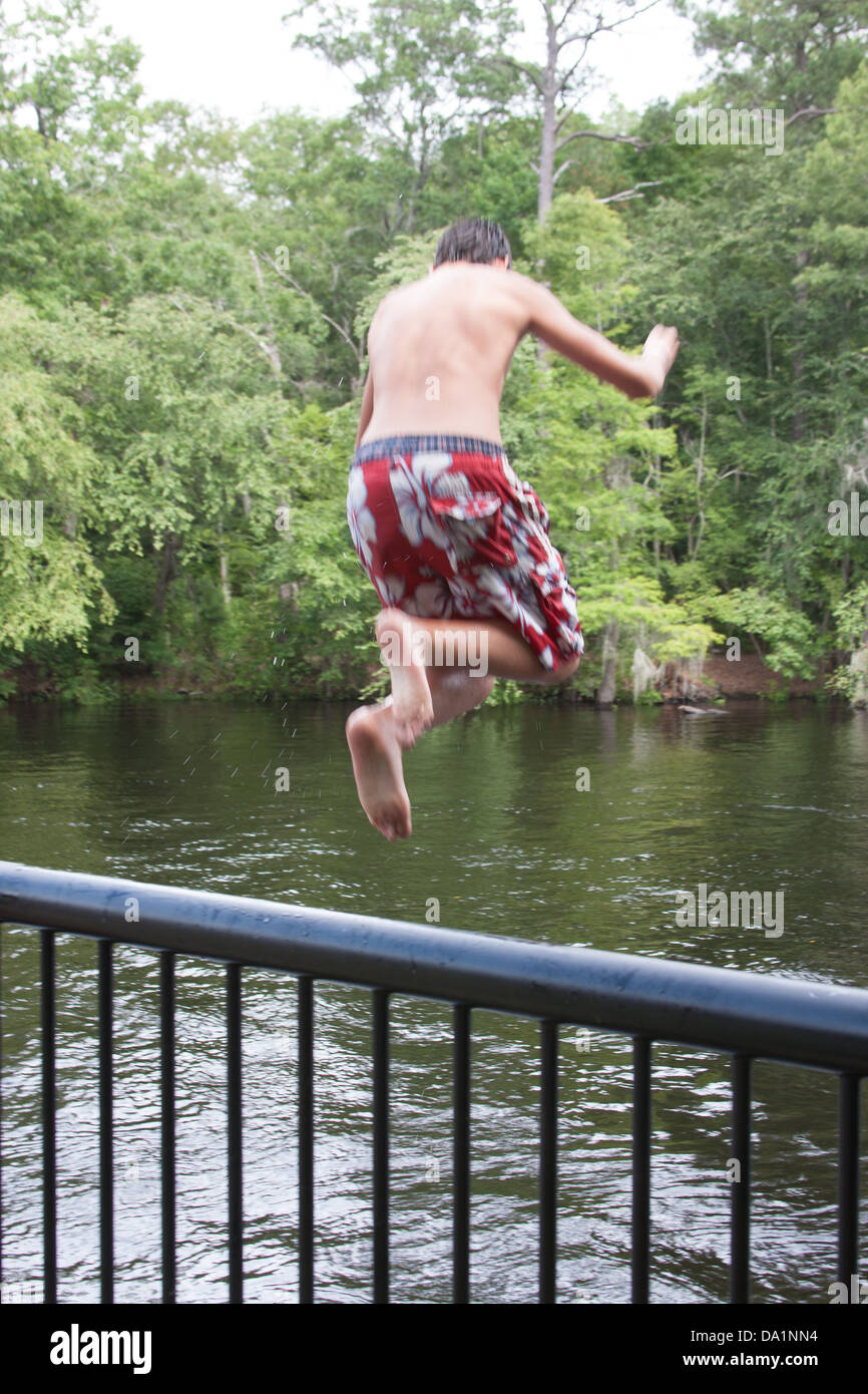 Teens Jumping Off The Railing Stock Photo Alamy