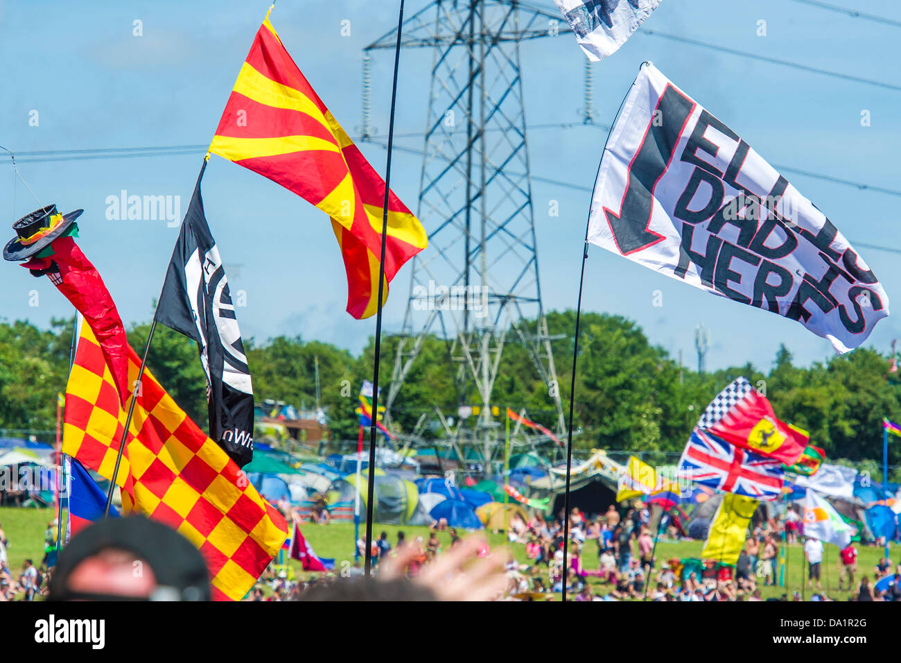 Flags in the Pyramid Arena. The 2013 Glastonbury Festival, Worthy Farm