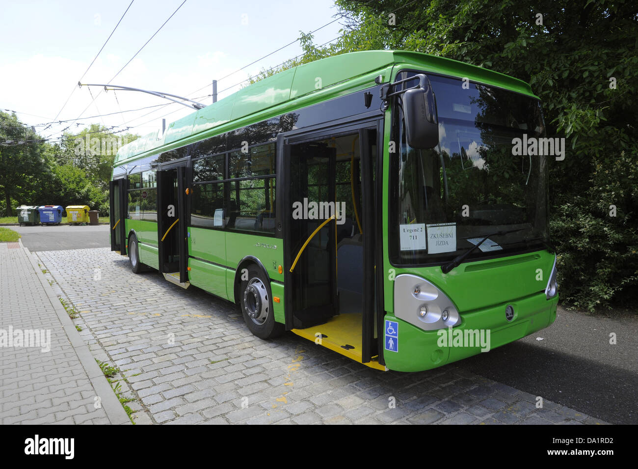 Skoda Electric, a subsidiary of Skoda Transportation, signed two major contracts for 130 trolley buses for 1.8 billion crowns. The Bulgarian capital Sofia will buy 50 buses for nearly 700 million crowns. Bratislava will buy 80 buses for 1.1 billion crowns. Pictured the new trolley during a test drive in the streets of Pilsen, Czech Republic, July 1, 2013. (CTK Photo/Petr Eret) Stock Photo