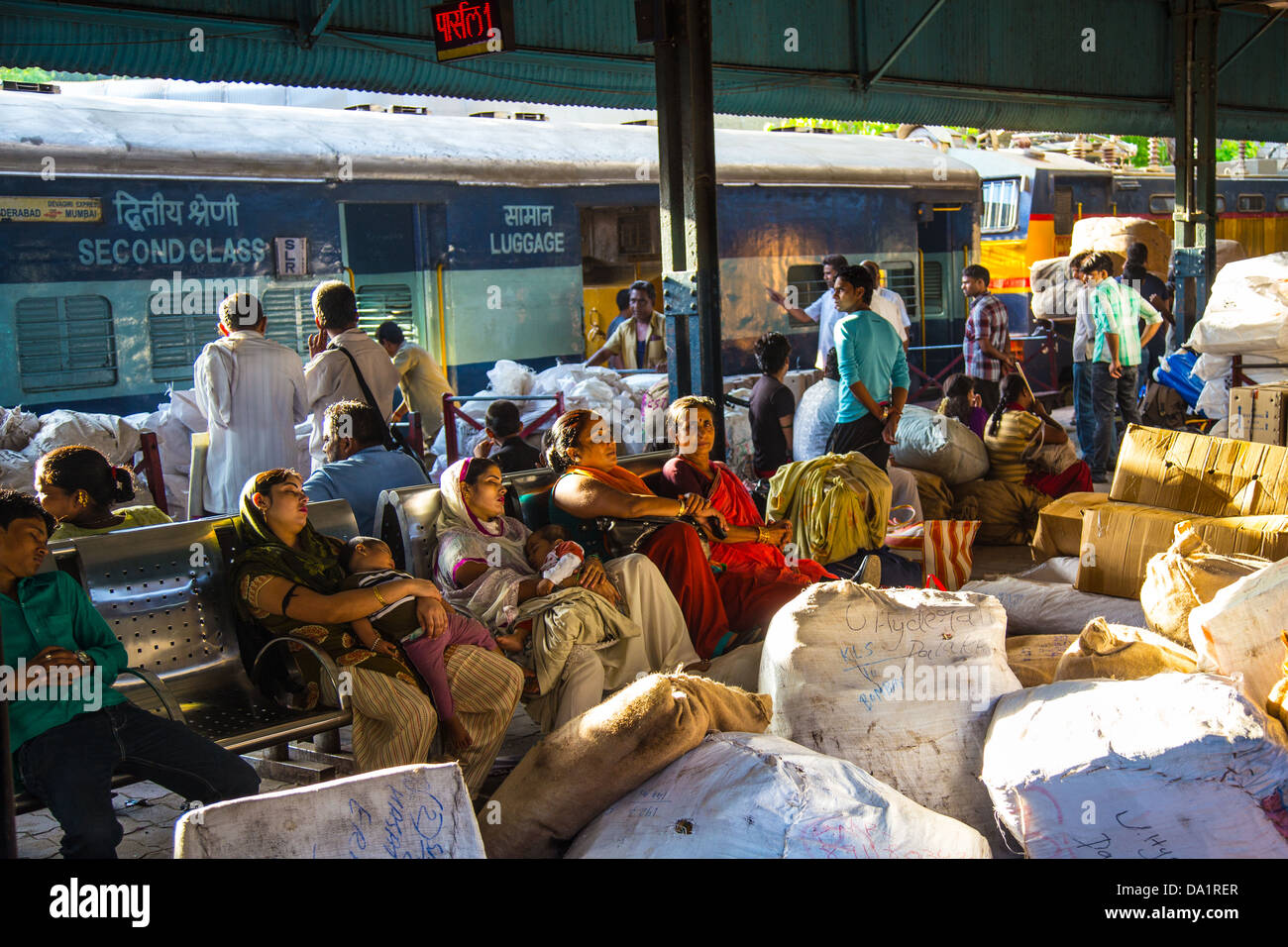 Crowded platform in Chattrapati Shivaji or Victoria Terminus, Mumbai, India Stock Photo