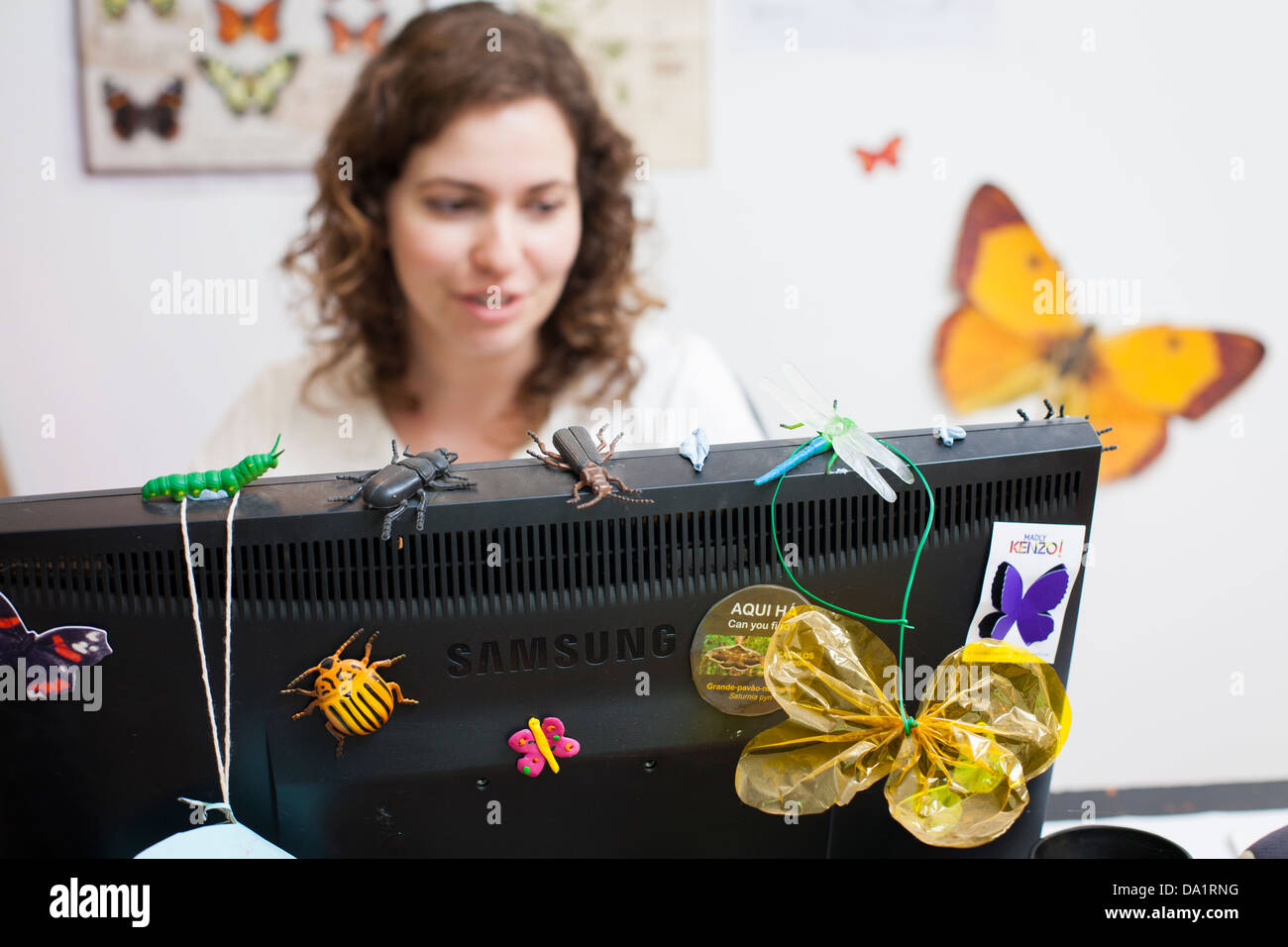 Close-up of butterflies and insects on computer screen with woman working. Stock Photo