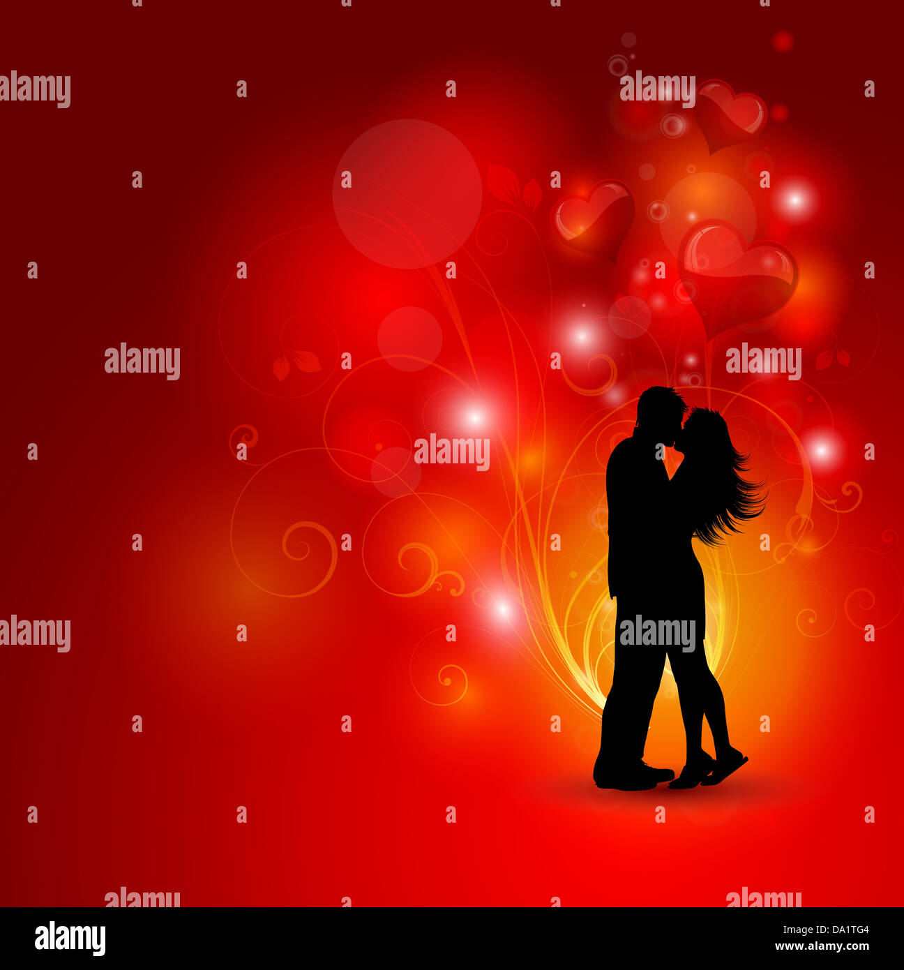 Silhouette of a loving couple on a decorative hearts background Stock ...